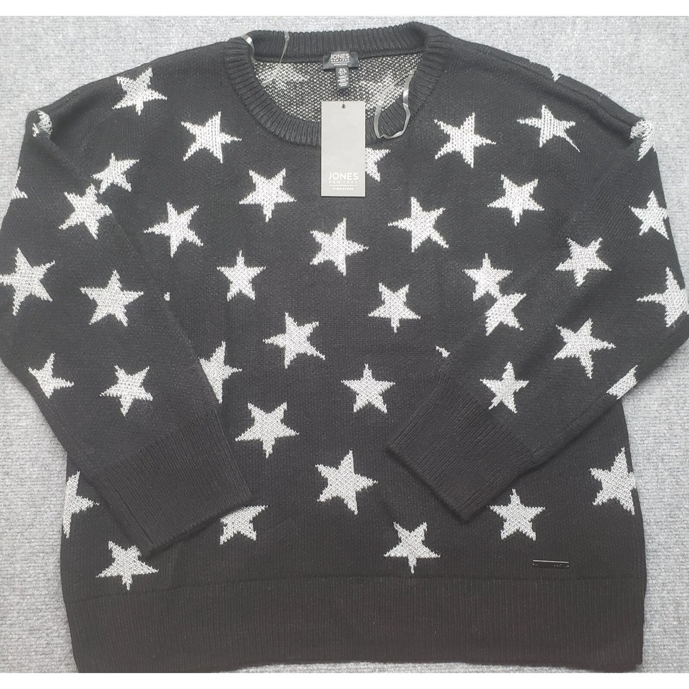 Jones New York Signature Sweater Womens L Black Stars Graphic Pullover New